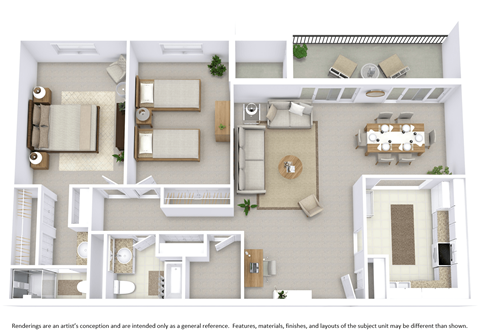 Floor plan for 2 beds, 2 baths, 1370 sqft